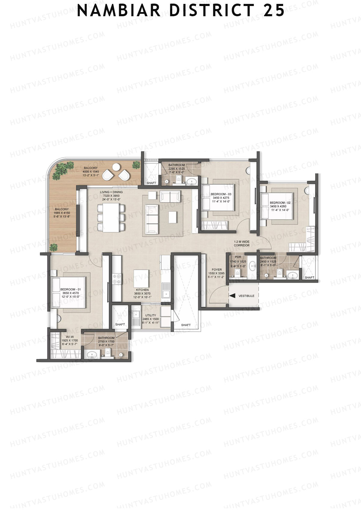 Nambiar District 25, Tower 13, Unit 2, 3BHK, Super Area 2060   sq ft 