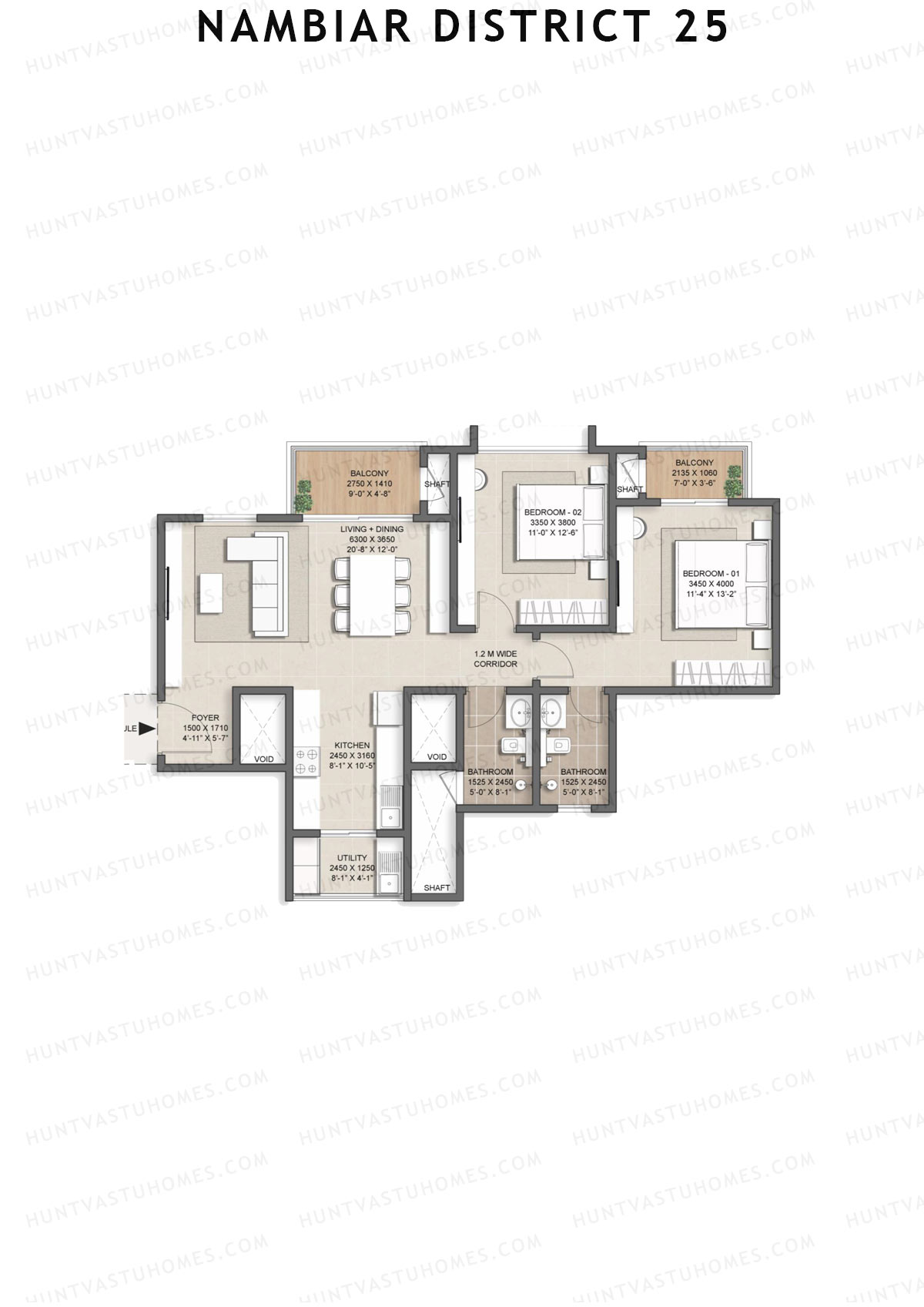 Nambiar District 25, Tower 13, Unit 3, 2BHK, Super Area 1260   sq ft 