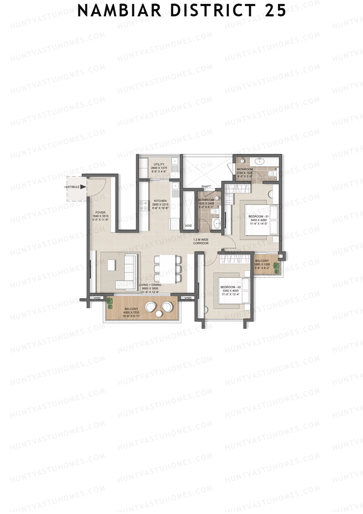 Nambiar District 25, Tower 13, Unit 4, 2BHK, Super Area 1411   sq ft 