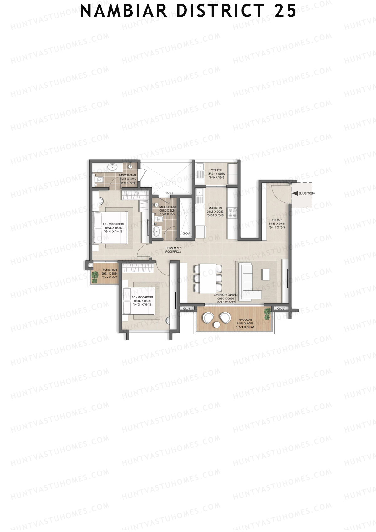 Nambiar District 25, Tower 14, Unit 1, 2BHK, Super Area 1411   sq ft 