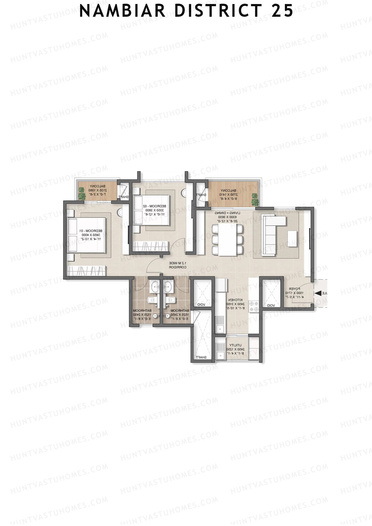 Nambiar District 25, Tower 14, Unit 2, 2BHK, Super Area 1260   sq ft 