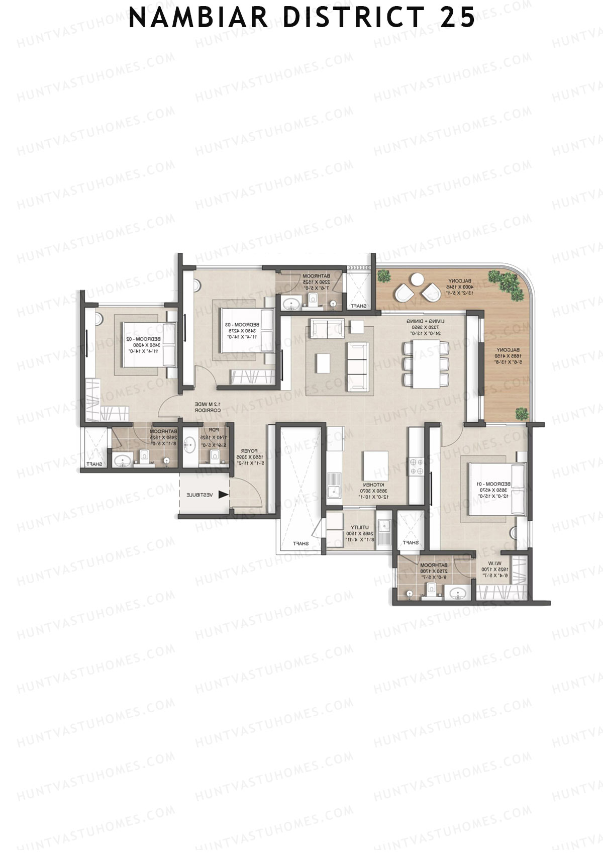 Nambiar District 25, Tower 14, Unit 3, 3BHK, Super Area 2060   sq ft 