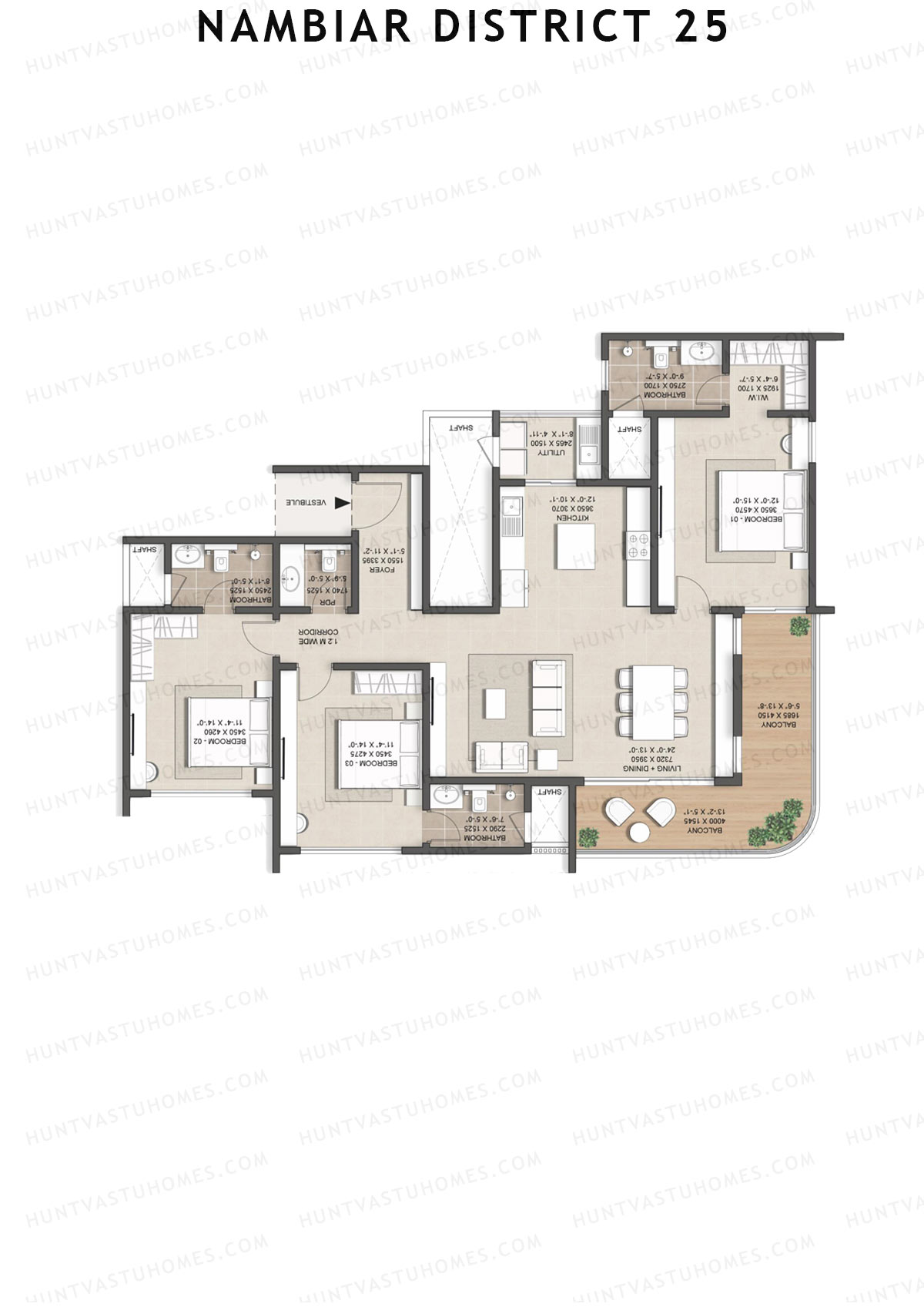 Nambiar District 25, Tower 14, Unit 4, 3BHK, Super Area 2060   sq ft 