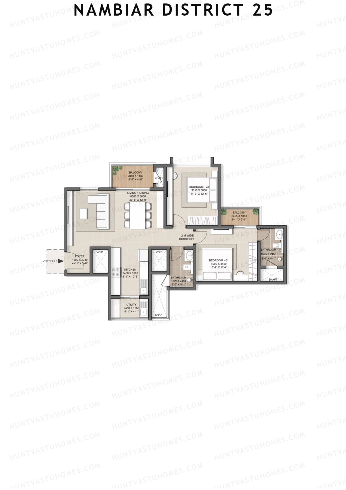 Nambiar District 25, Tower 15, Unit 3, 2BHK, Super Area 1252   sq ft 