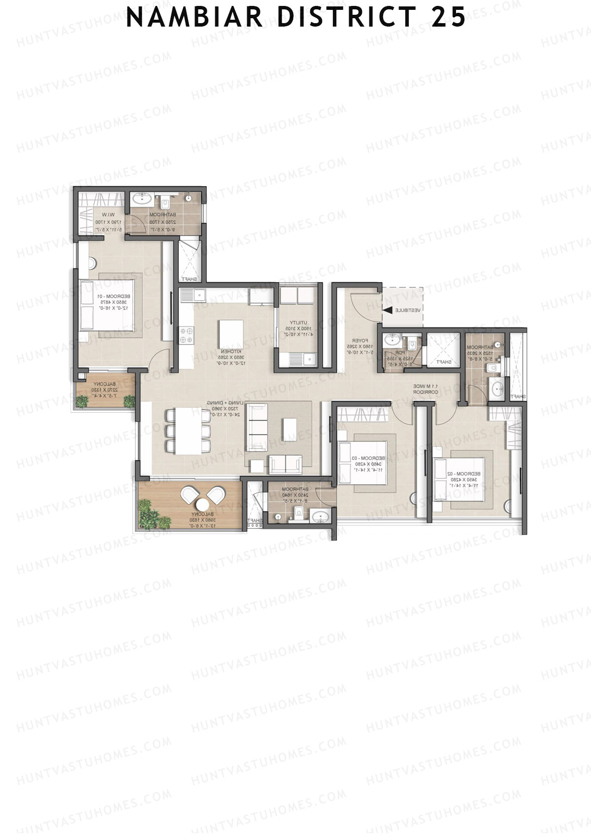 Nambiar District 25, Tower 16, Unit 1, 3BHK, Super Area 2075   sq ft 