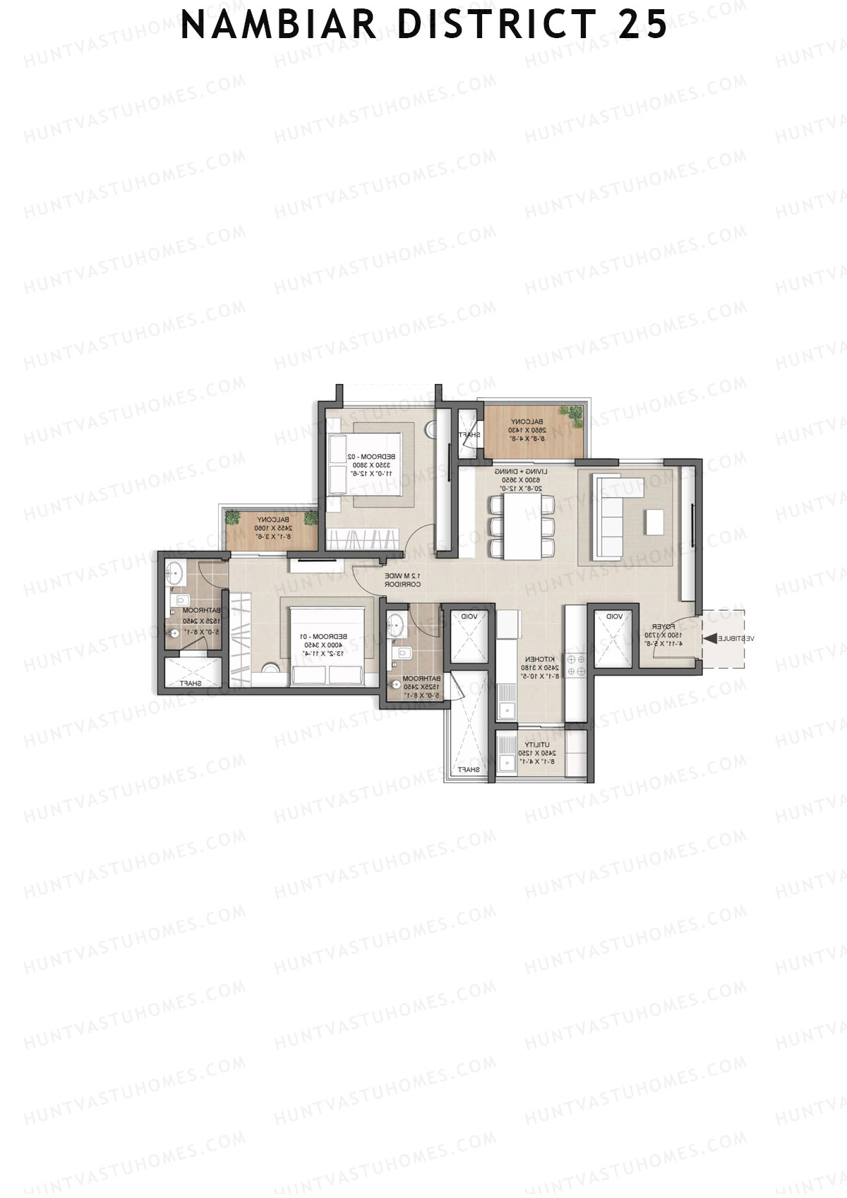 Nambiar District 25, Tower 16, Unit 2, 2BHK, Super Area 1252   sq ft 