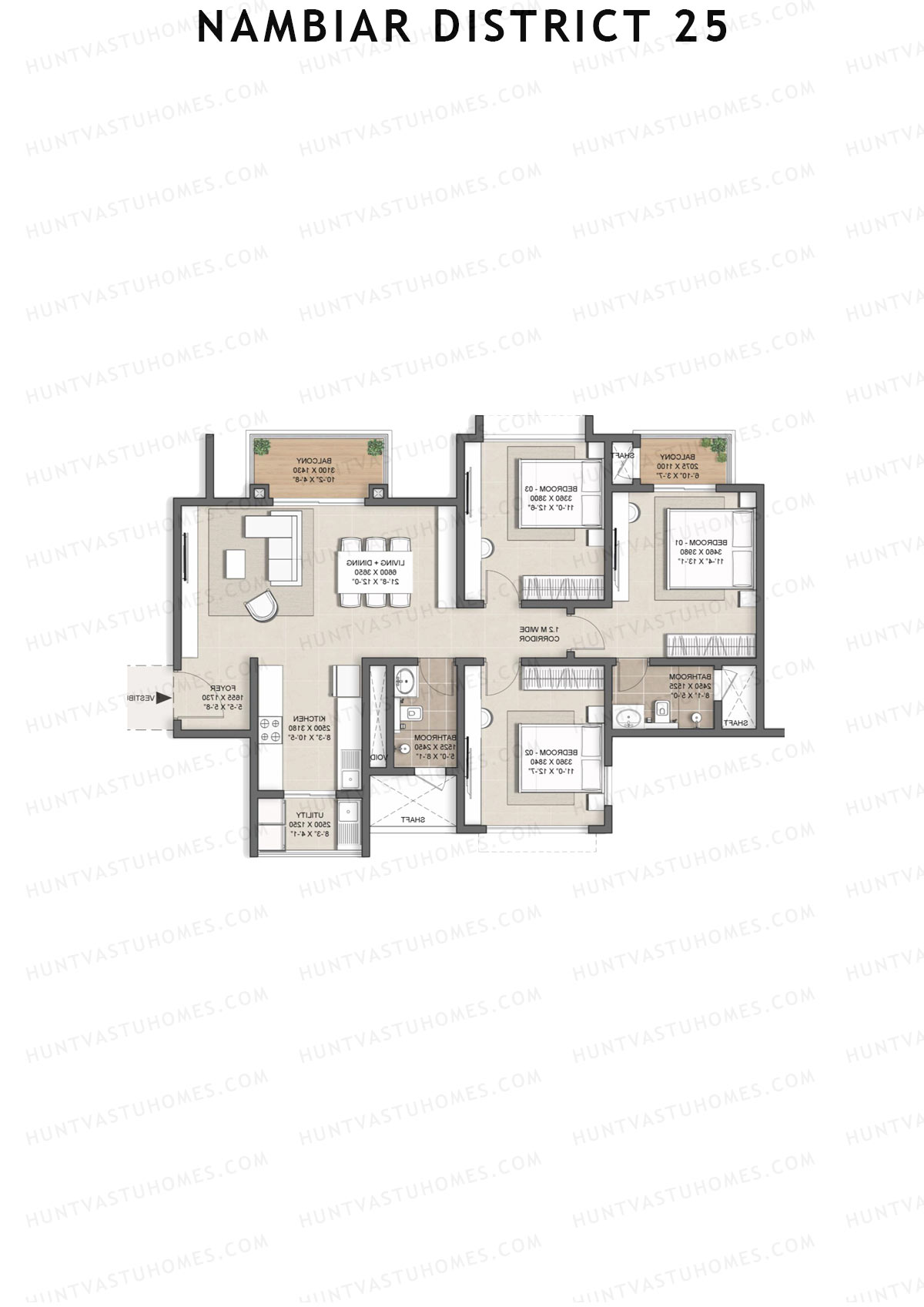 Nambiar District 25, Tower 16, Unit 3, 3BHK, Super Area 1518   sq ft 