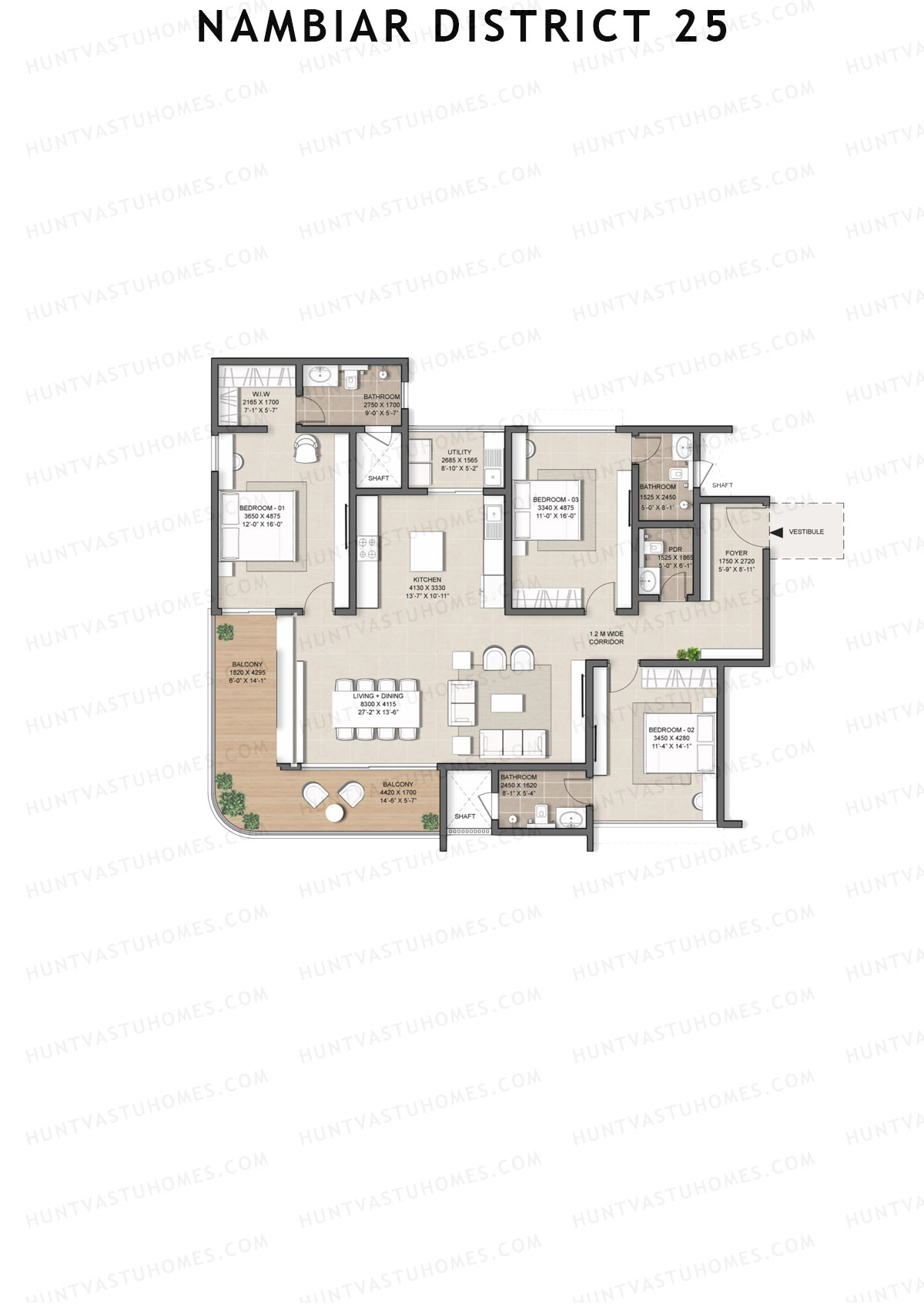 Nambiar District 25, Tower 17, Unit 1, 3BHK, Super Area 2321   sq ft 