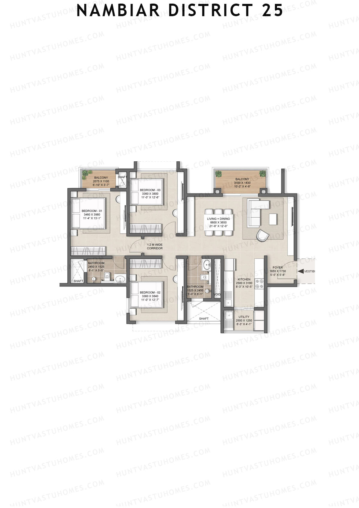 Nambiar District 25, Tower 17, Unit 2, 3BHK, Super Area 1518   sq ft 