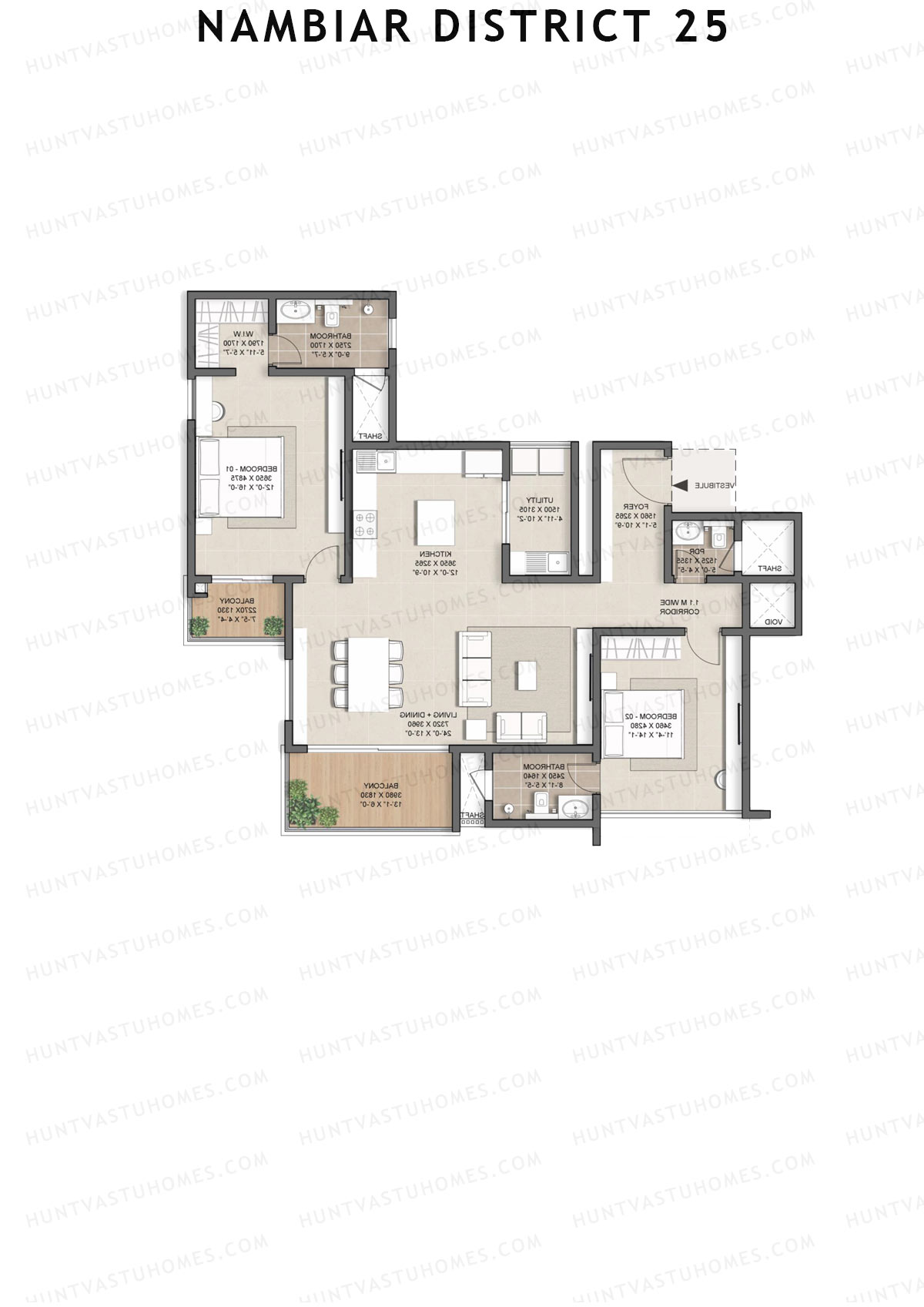 Nambiar District 25, Tower 18, Unit 1, 2BHK, Super Area 1752   sq ft 
