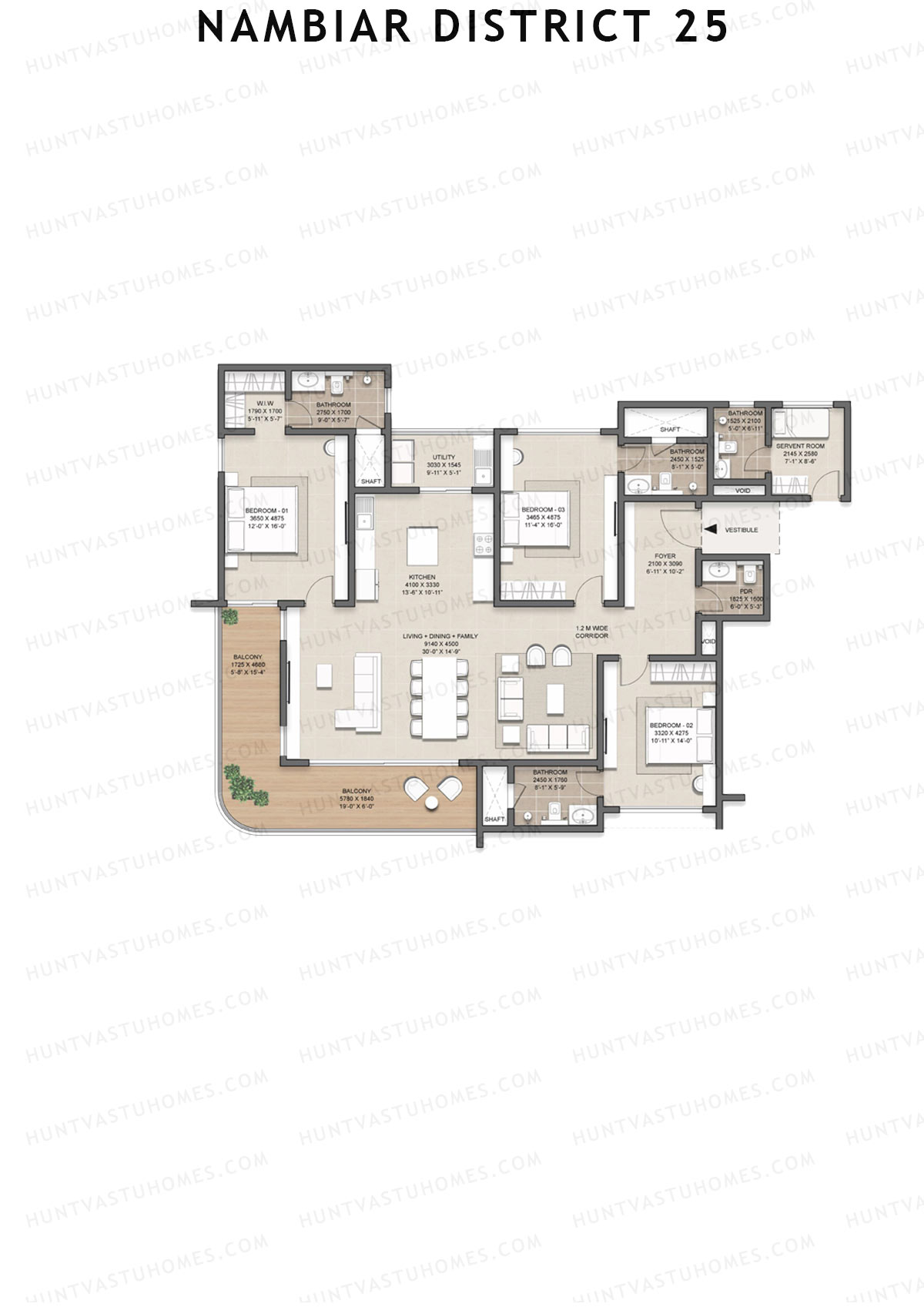 Nambiar District 25, Tower 19, Unit 1, 3BHK, Super Area 2607   sq ft 