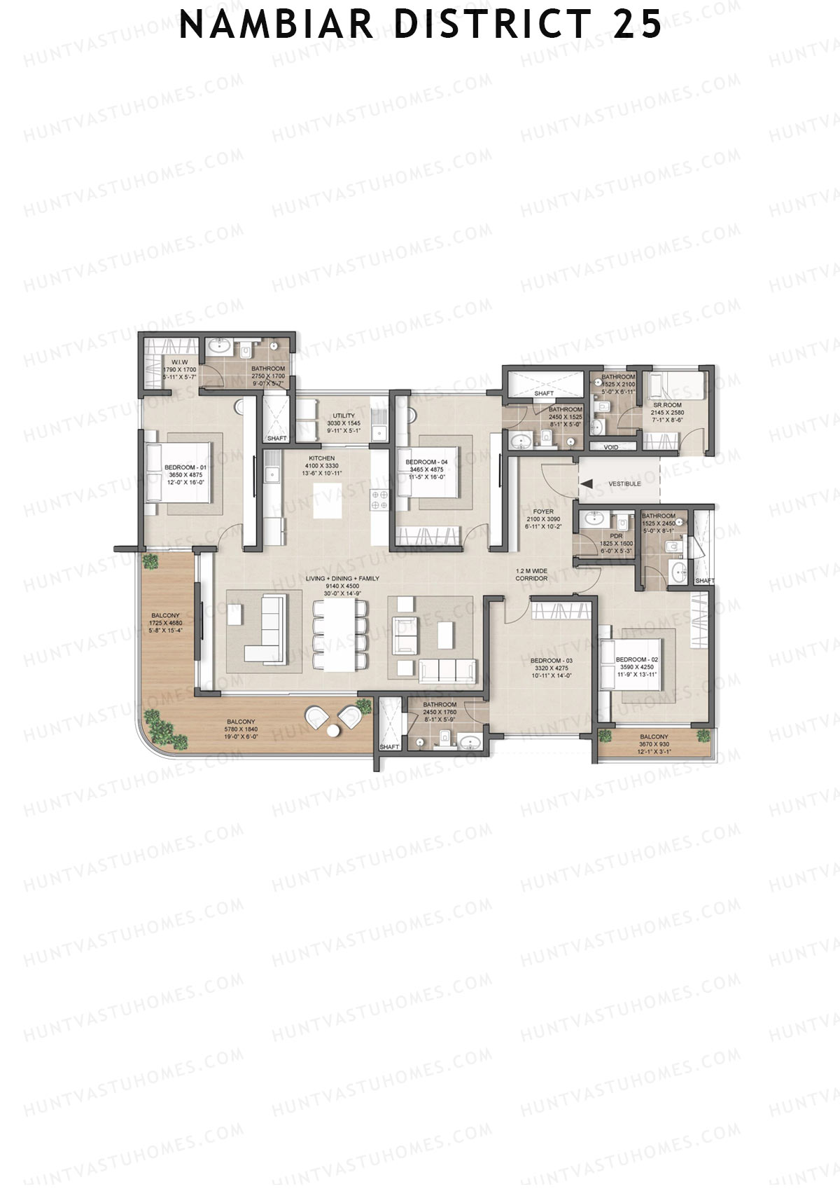 Nambiar District 25, Tower 19, Unit 1, 4BHK, Super Area 2980   sq ft 