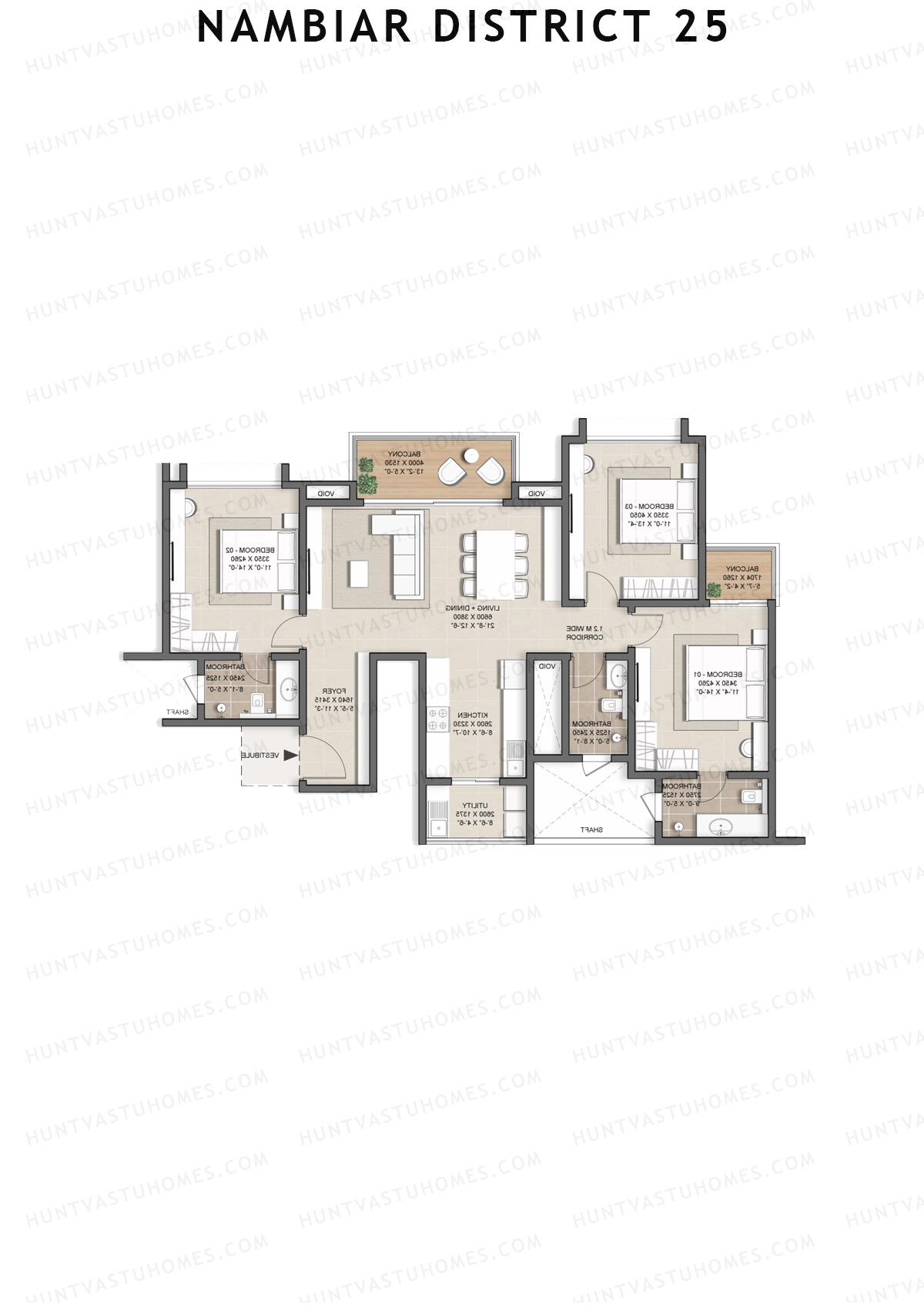 Nambiar District 25, Tower 19, Unit 3, 3BHK, Super Area 1706   sq ft 