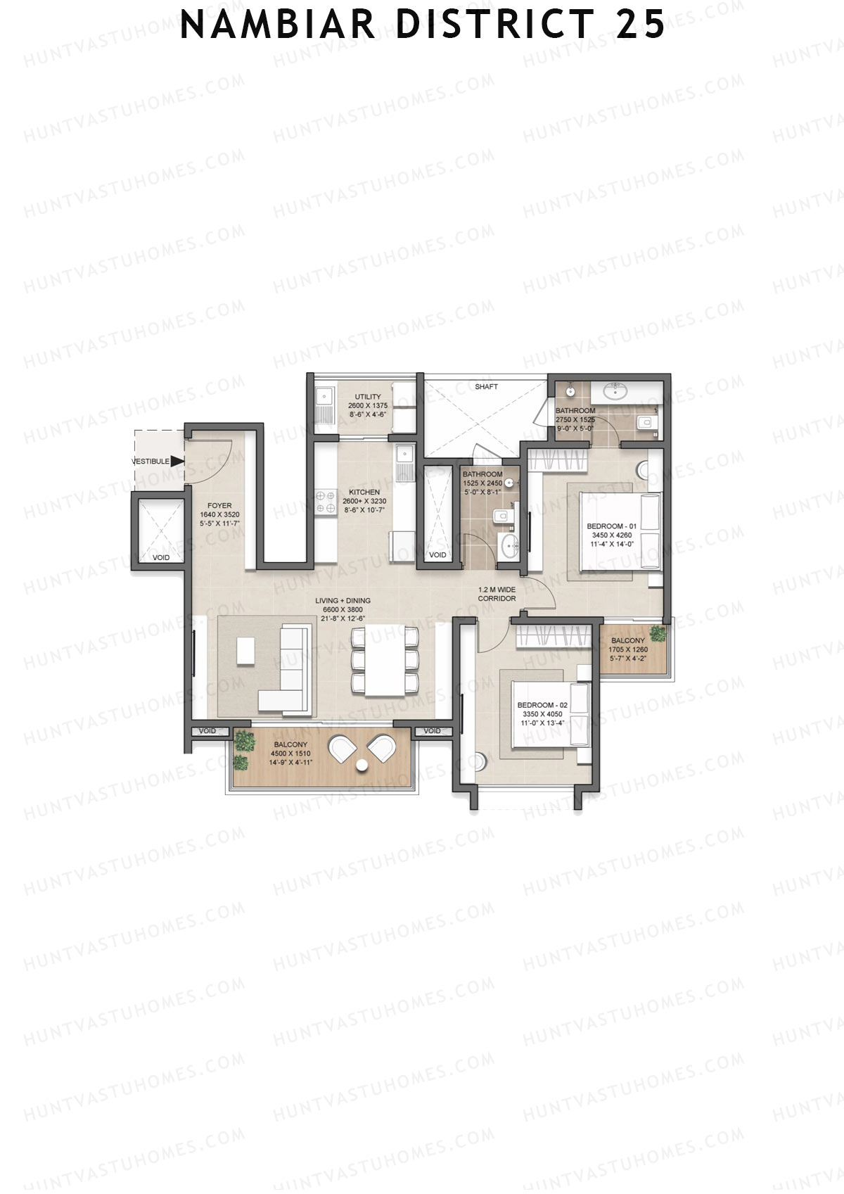 Nambiar District 25, Tower 19, Unit 4, 2BHK, Super Area 1433   sq ft 