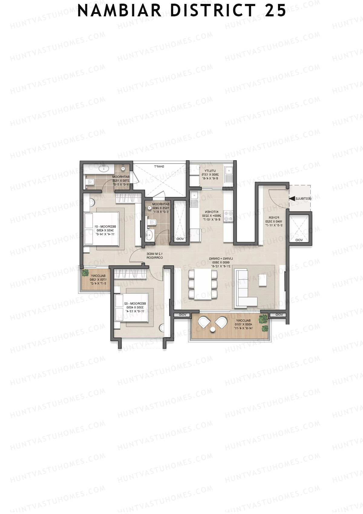 Nambiar District 25, Tower 20, Unit 1, 2BHK, Super Area 1433   sq ft 