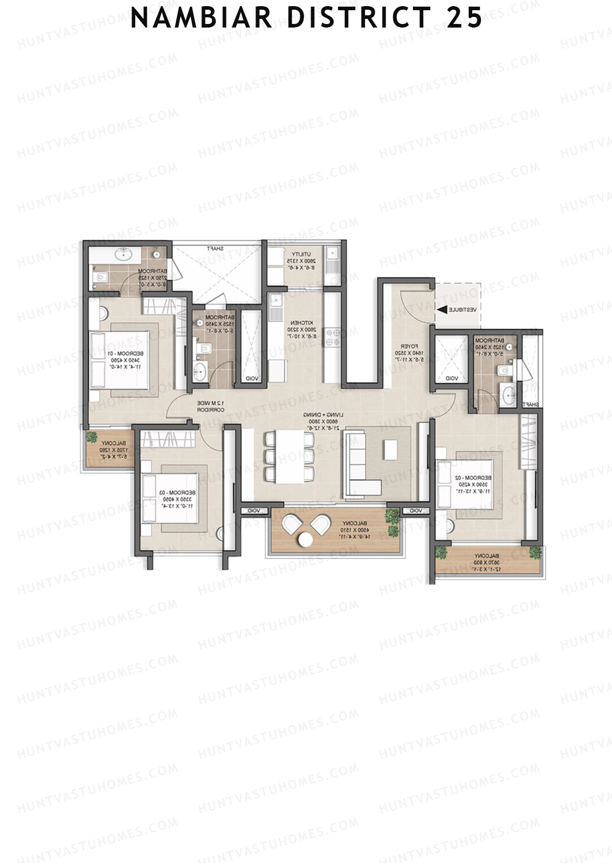 Nambiar District 25, Tower 20, Unit 1, 3BHK, Super Area 1809   sq ft 