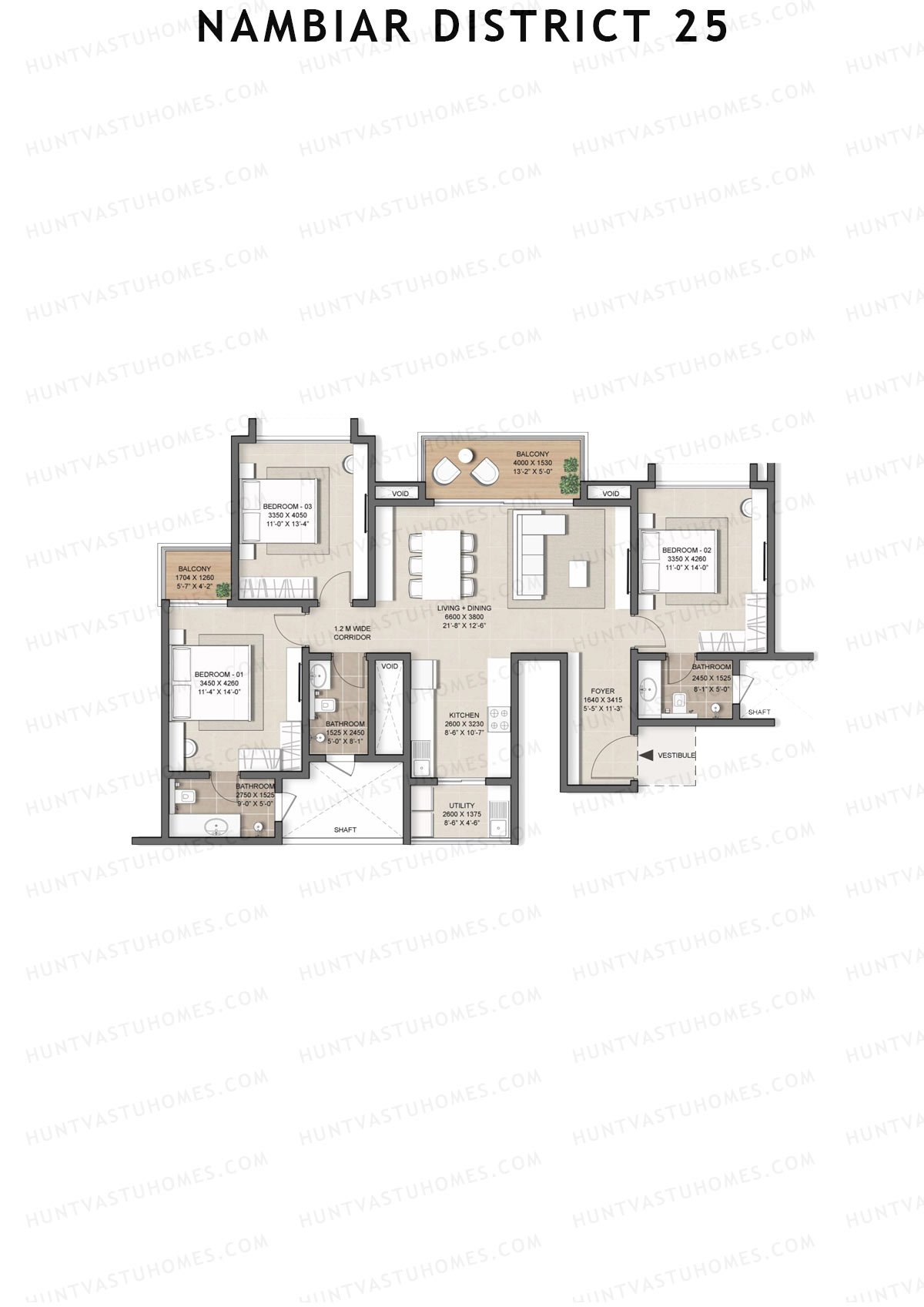Nambiar District 25, Tower 20, Unit 2, 3BHK, Super Area 1706   sq ft 