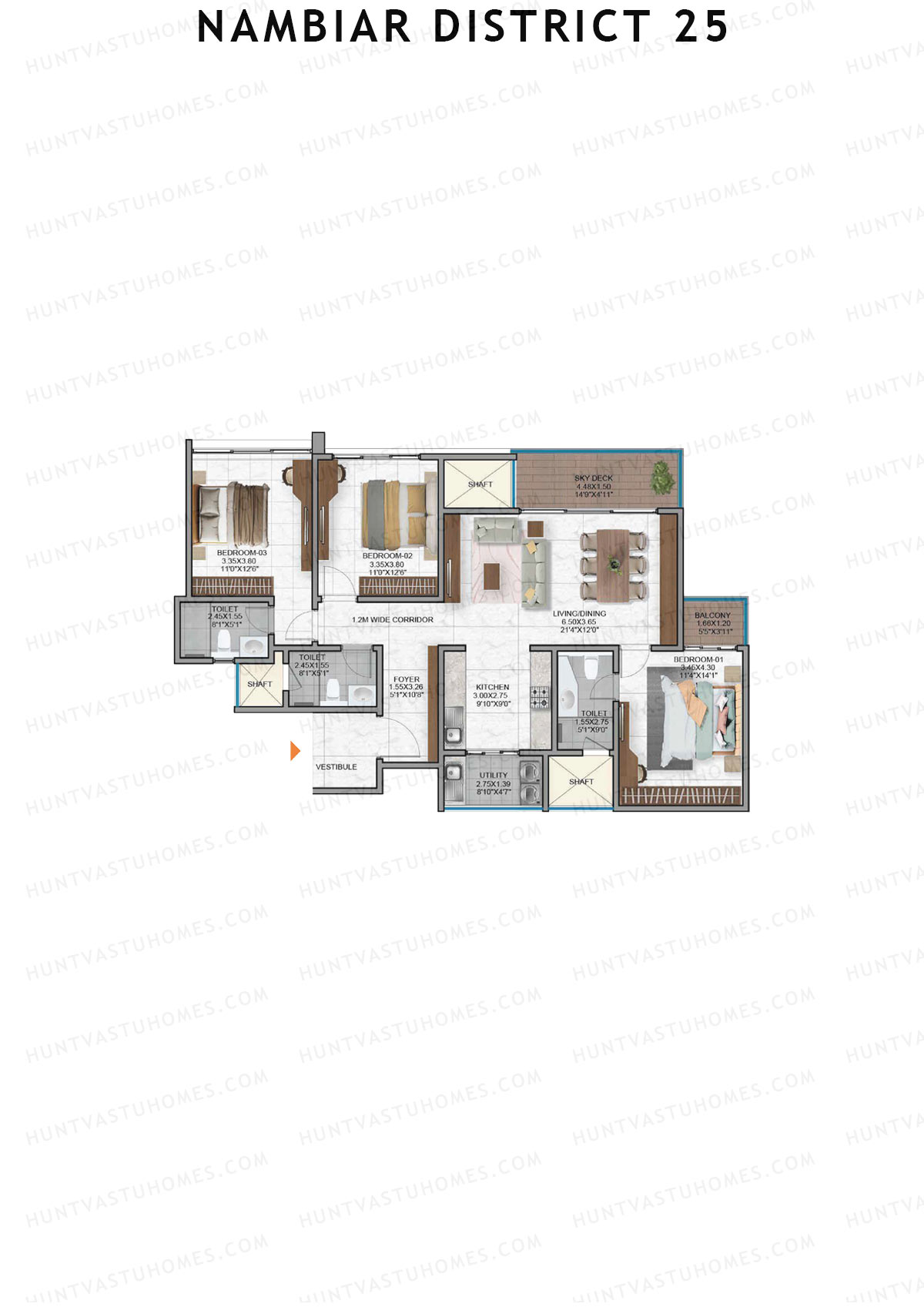 Nambiar District 25, Tower 9, Unit 3, 3BHK, Super Area 2046   sq ft 