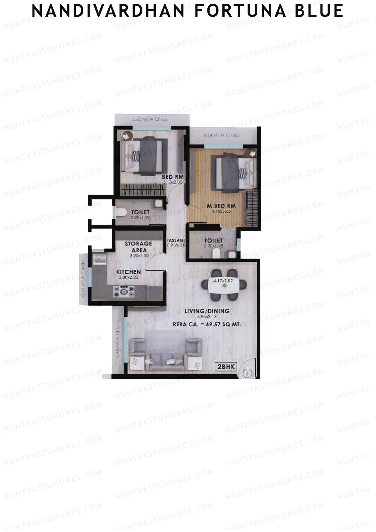Nandivardhan Fortuna Blue, Wing B, Unit 1, 2BHK, Carpet Area 748   sq ft 