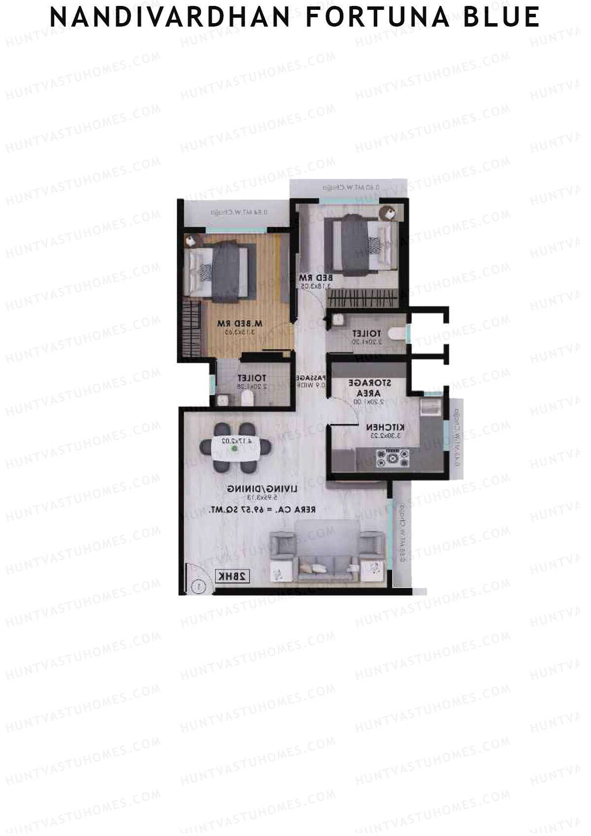 Nandivardhan Fortuna Blue, Wing B, Unit 2, 2BHK, Carpet Area 749   sq ft 