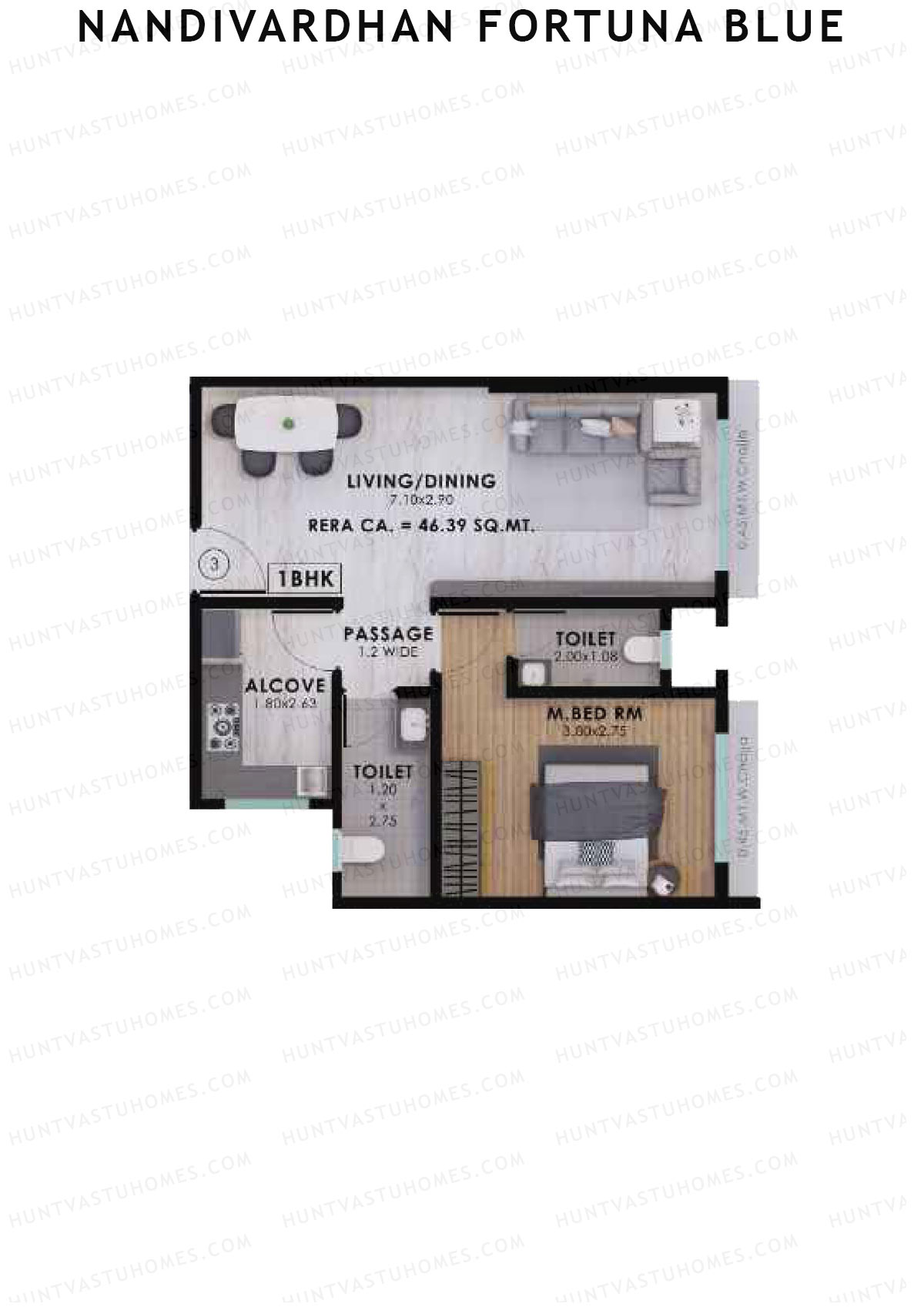 Nandivardhan Fortuna Blue, Wing B, Unit 3, 1BHK, Carpet Area 499   sq ft 