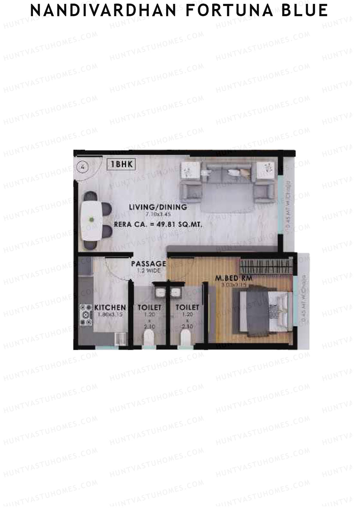 Nandivardhan Fortuna Blue, Wing B, Unit 4, 1BHK, Carpet Area 536   sq ft 