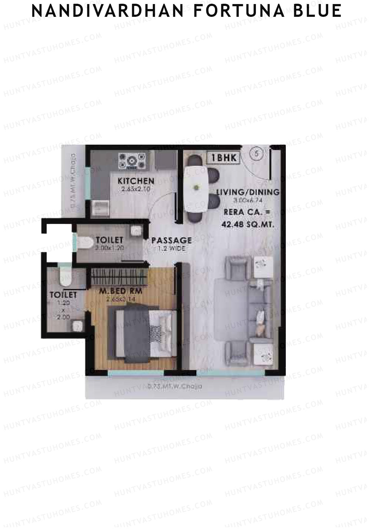 Nandivardhan Fortuna Blue, Wing B, Unit 5, 1BHK, Carpet Area 457   sq ft 