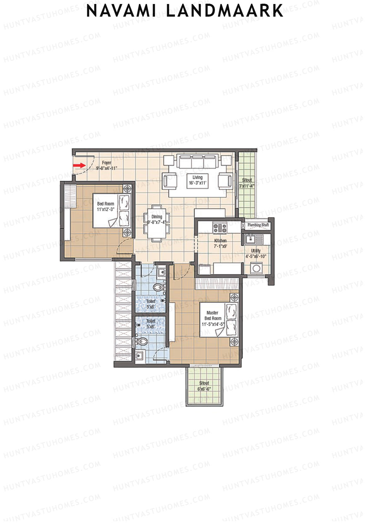 Navami Landmaark, Tower A, Unit 3, 2BHK, Super Area 1240   sq ft 