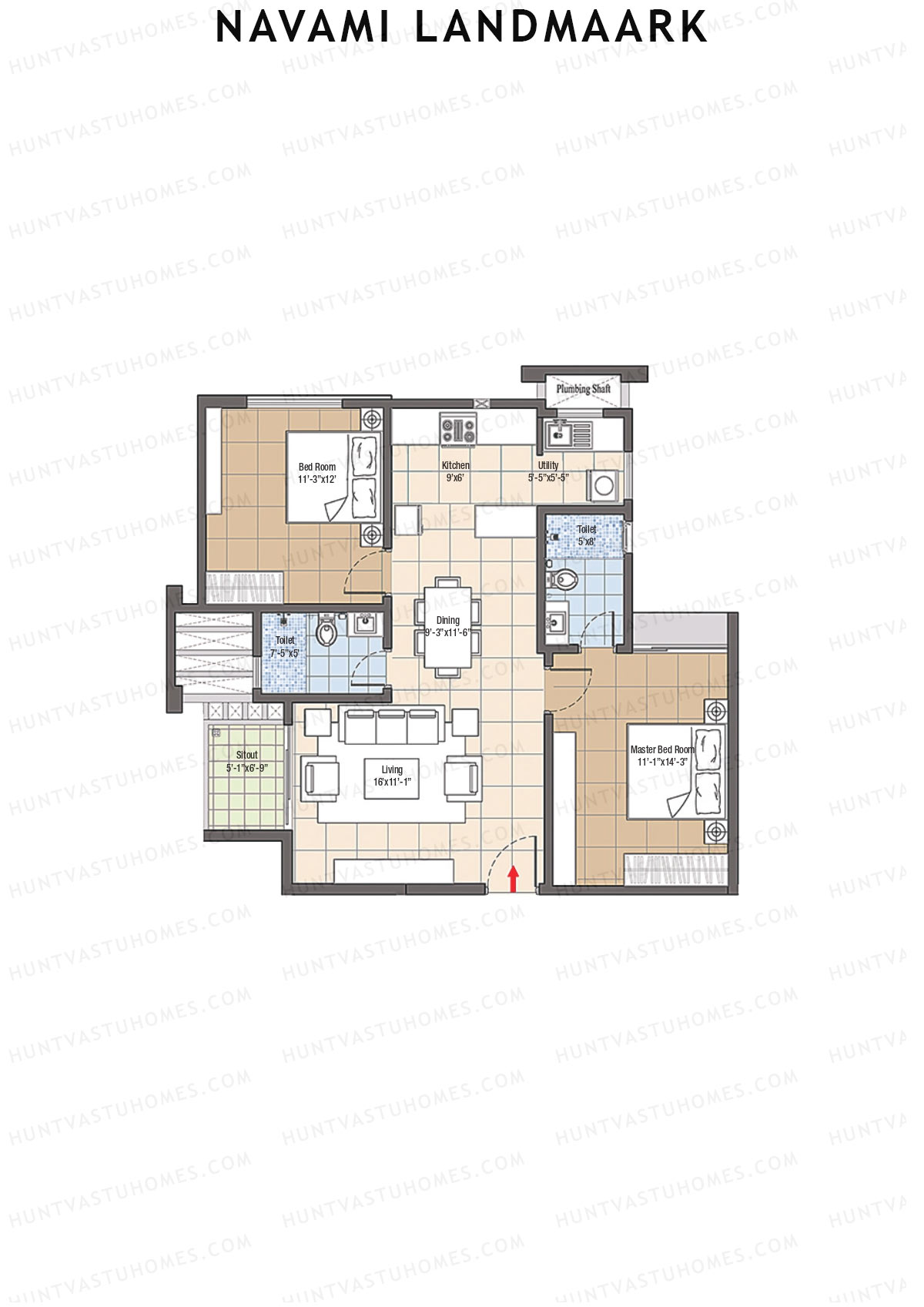 Navami Landmaark, Tower B, Unit 1, 2BHK, Super Area 1148   sq ft 