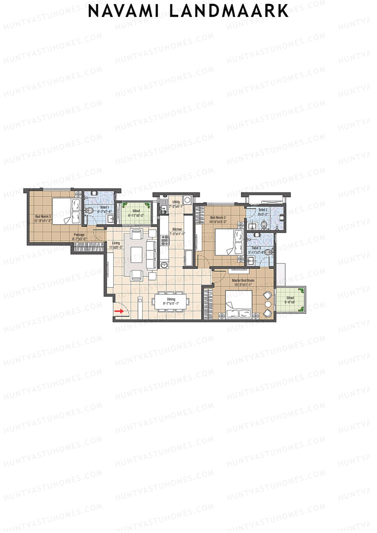 Navami Landmaark, Tower B, Unit 2, 3BHK, Super Area 1652   sq ft 