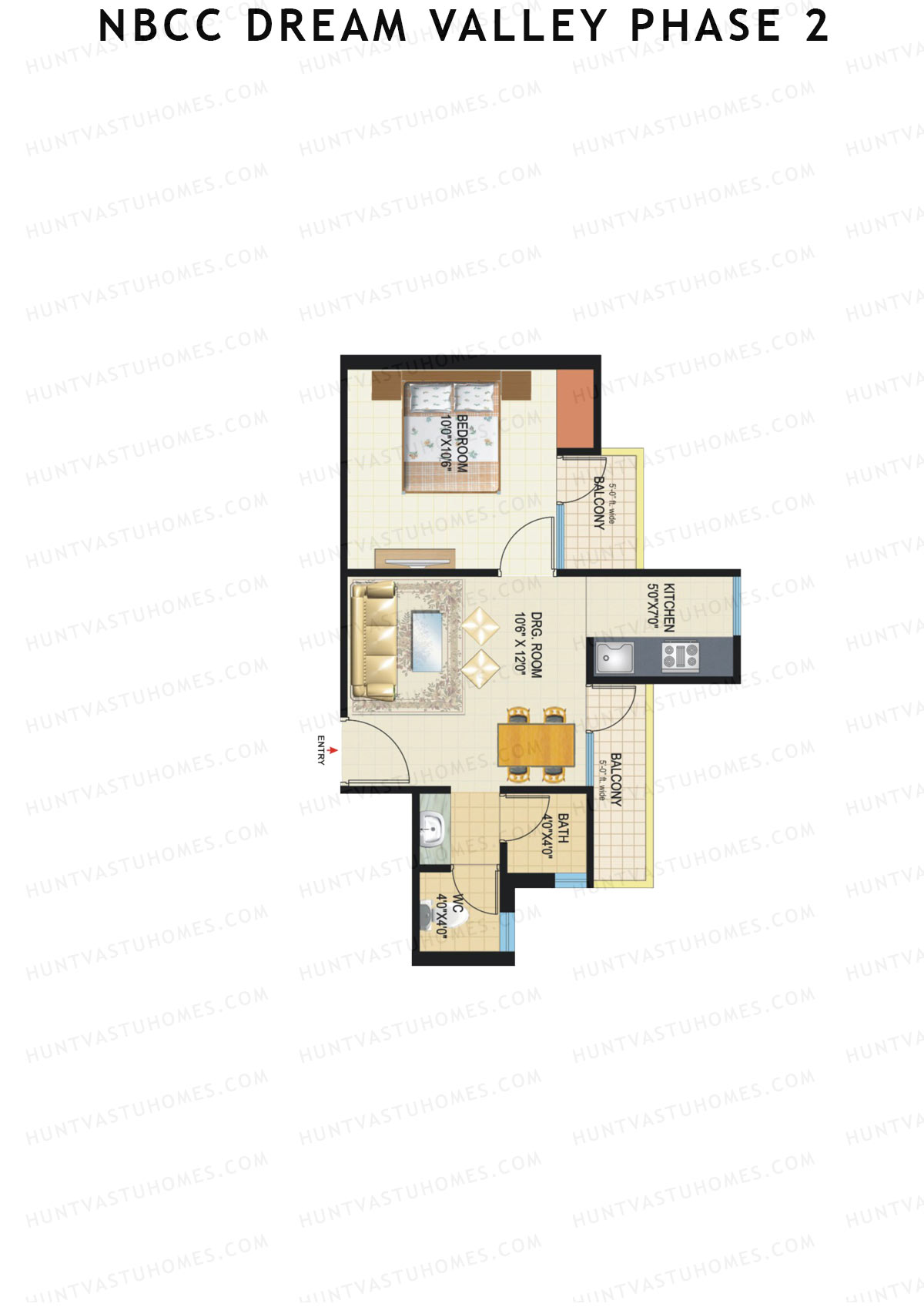 NBCC Dream Valley Phase 2, Tower A4, Unit 2, 1BHK, Super Area 585   sq ft 