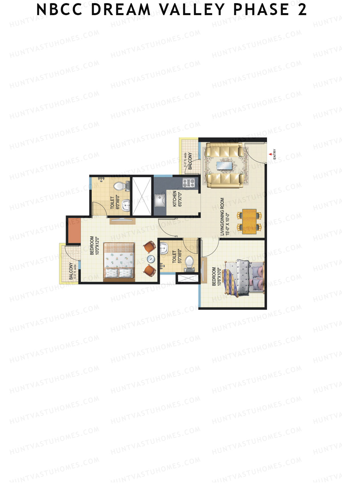 NBCC Dream Valley Phase 2, Tower B2, Unit 2, 2BHK, Super Area 805   sq ft 