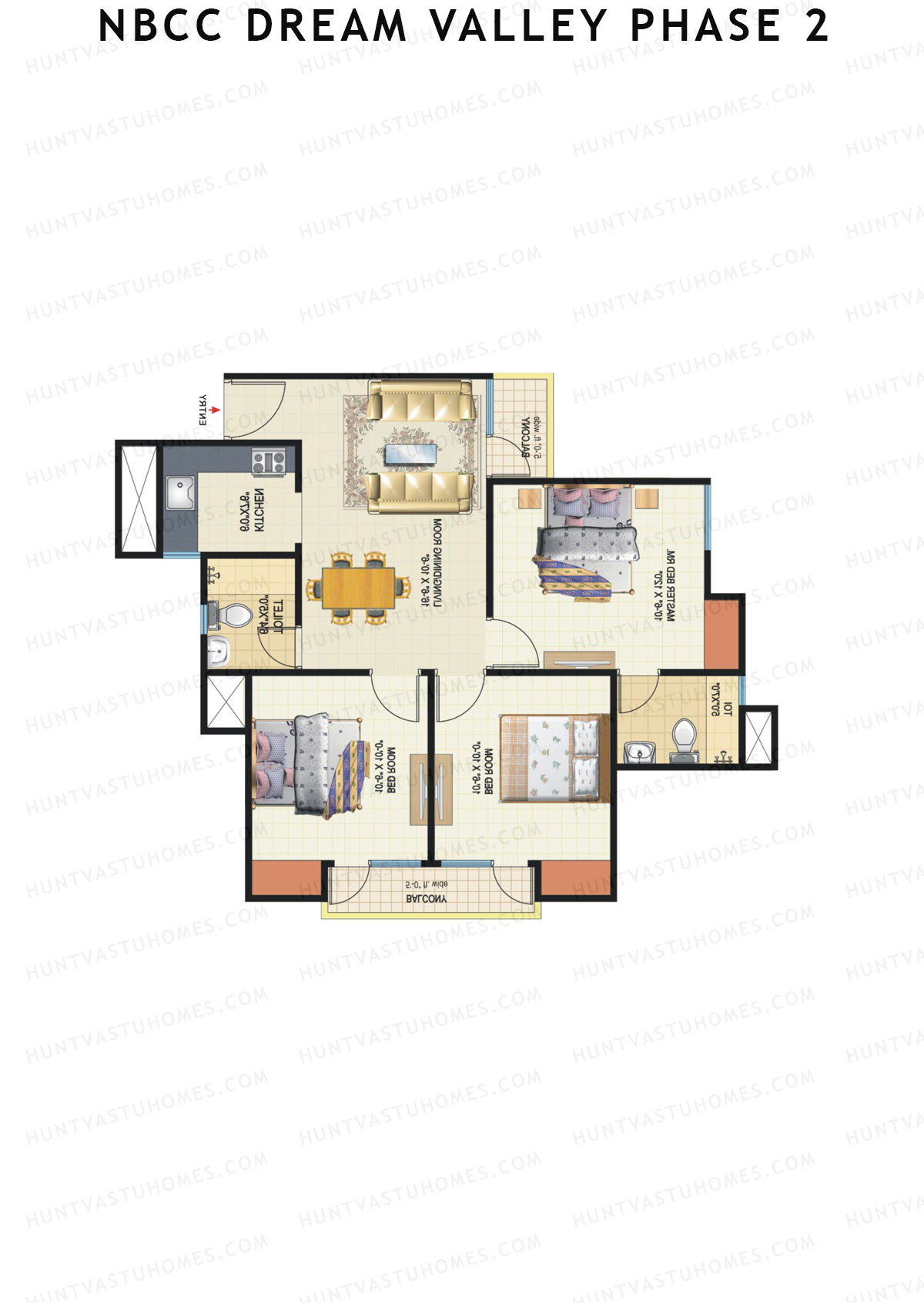 NBCC Dream Valley Phase 2, Tower C7, Unit 1, 3BHK, Super Area 1045   sq ft 
