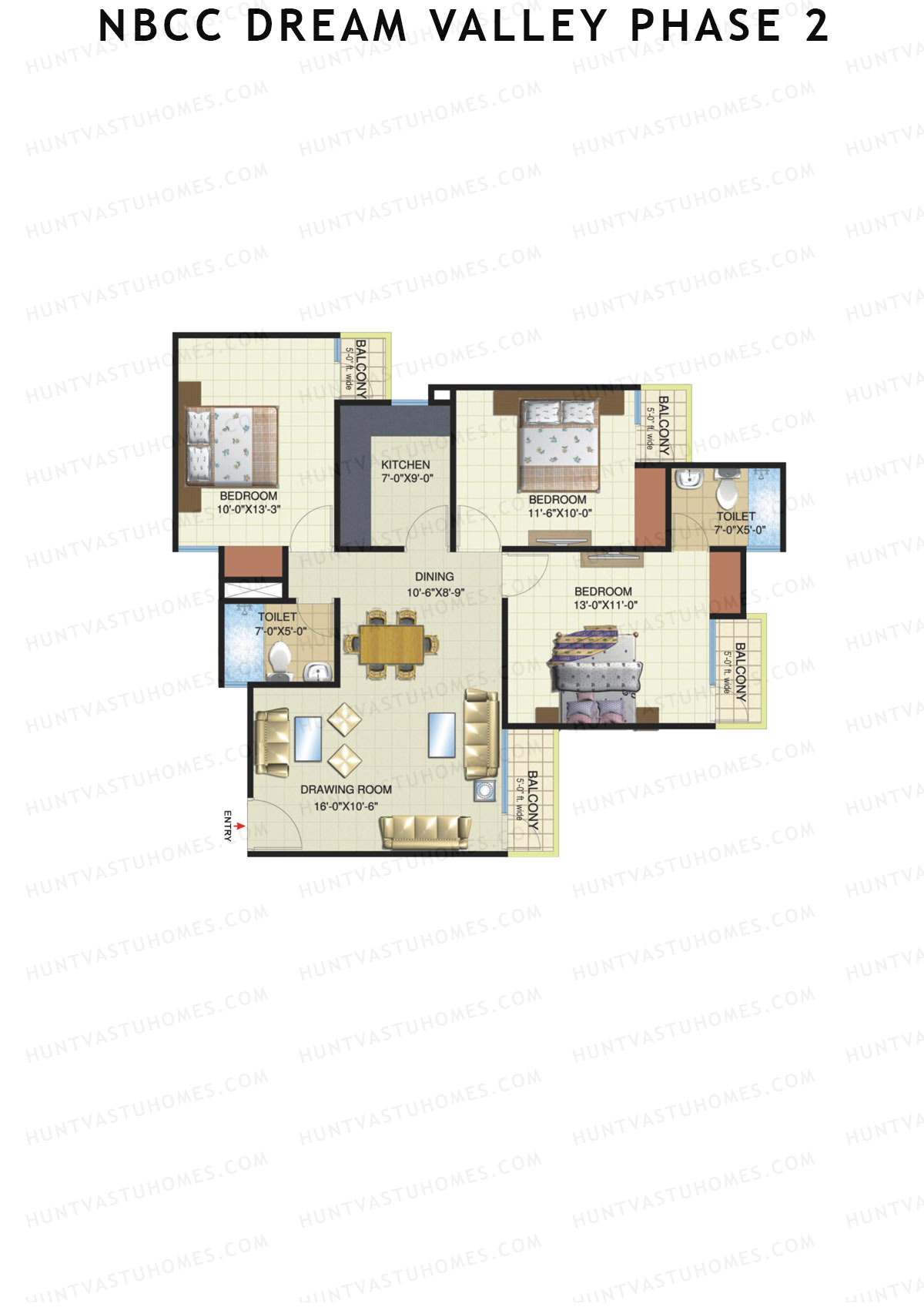 NBCC Dream Valley Phase 2, Tower E6, Unit 2, 3BHK, Super Area 1360   sq ft 