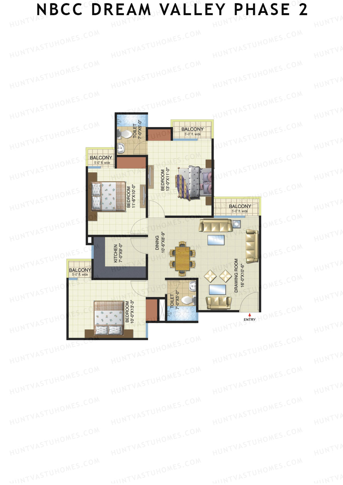 NBCC Dream Valley Phase 2, Tower F2, Unit 2, 3BHK, Super Area 1360   sq ft 
