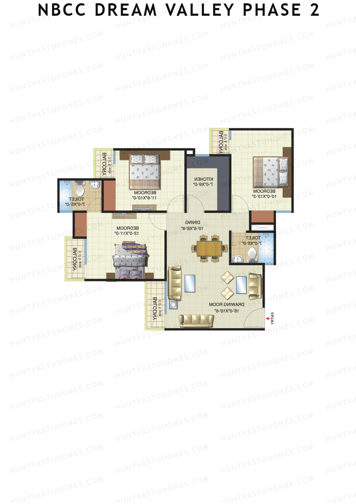 NBCC Dream Valley Phase 2, Tower F6, Unit 2, 3BHK, Super Area 1360   sq ft 