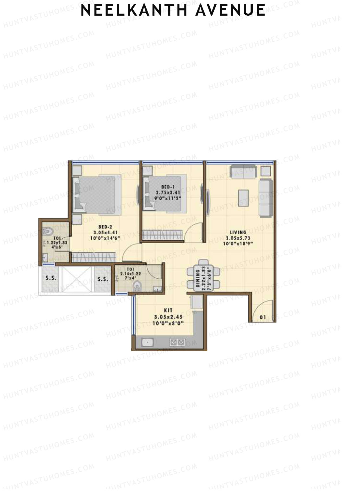 Neelkanth Avenue, Tower 1, Unit 1, 2BHK, Super Area 1150   sq ft 