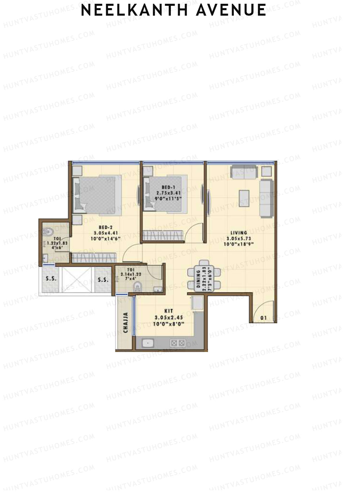 Neelkanth Avenue, Tower 1, Unit 1, 2BHK, Super Area 1190   sq ft 