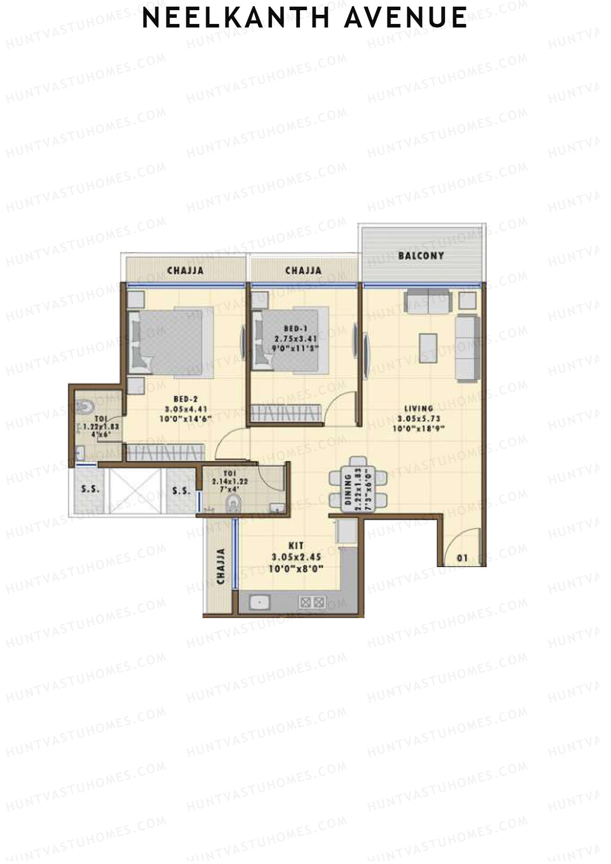 Neelkanth Avenue, Tower 1, Unit 1, 2BHK, Super Area 1375   sq ft 