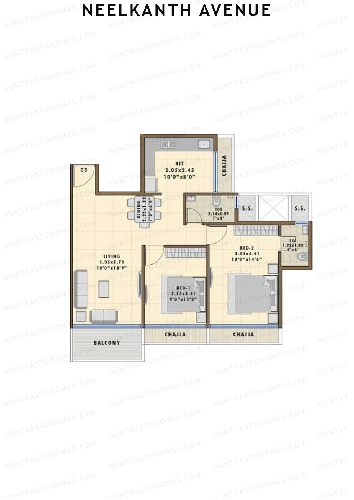 Neelkanth Avenue, Tower 1, Unit 3, 2BHK, Super Area 1375   sq ft 