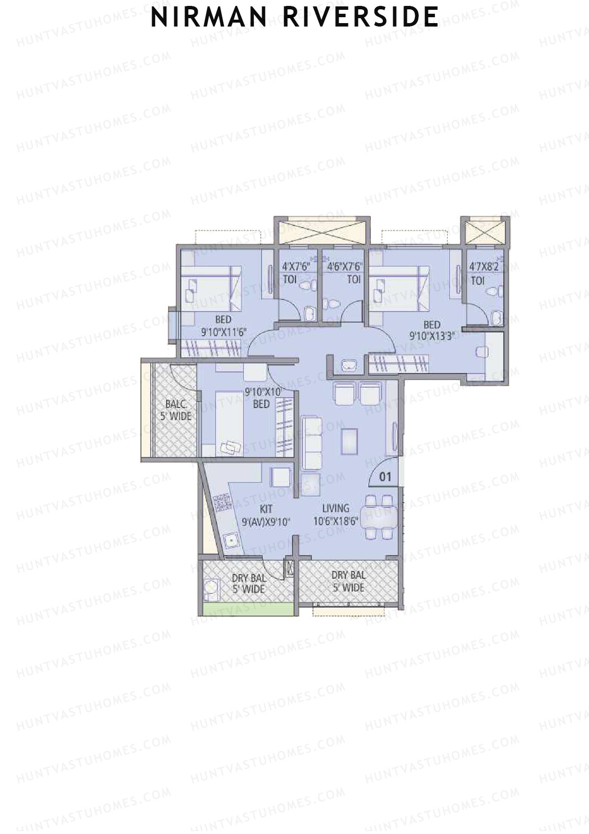 Nirman Riverside, Tower 1, Unit 1, 3BHK, Carpet Area 989   sq ft 