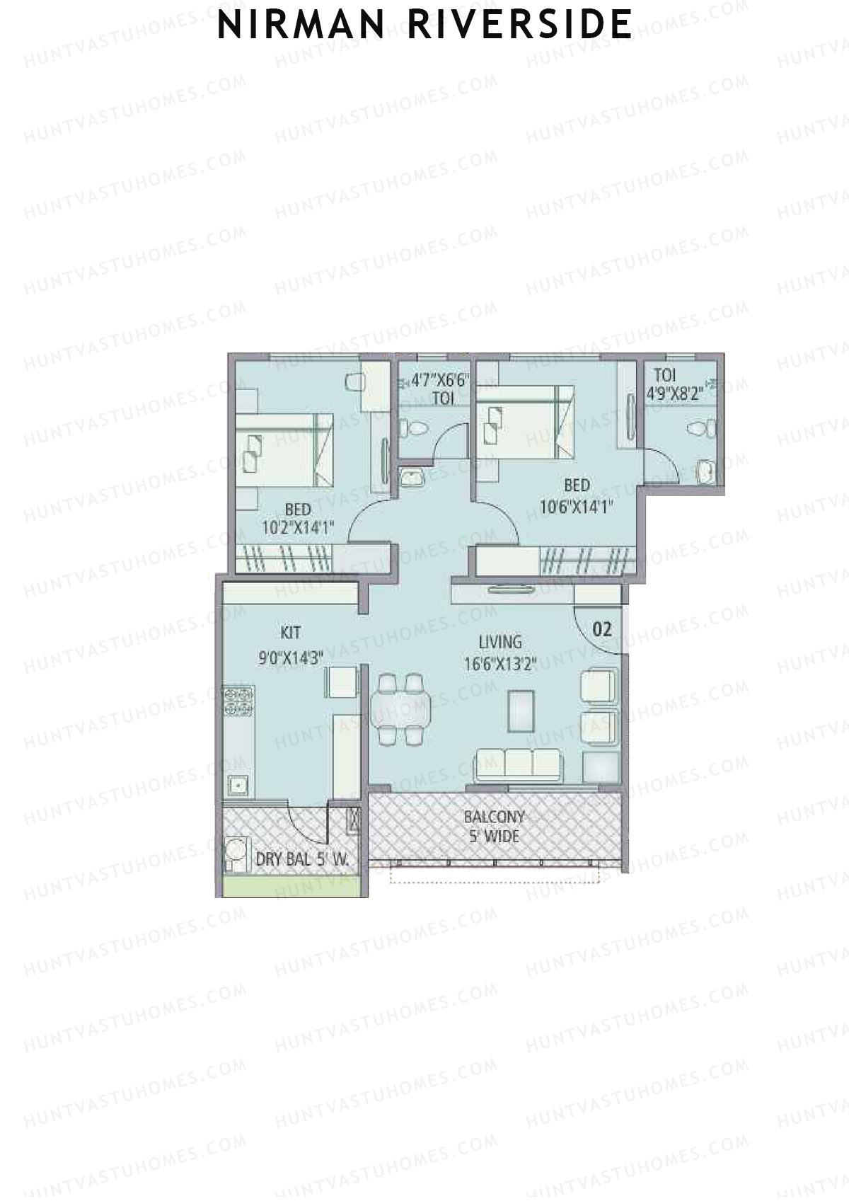 Nirman Riverside, Tower 1, Unit 2, 2BHK, Carpet Area 904   sq ft 