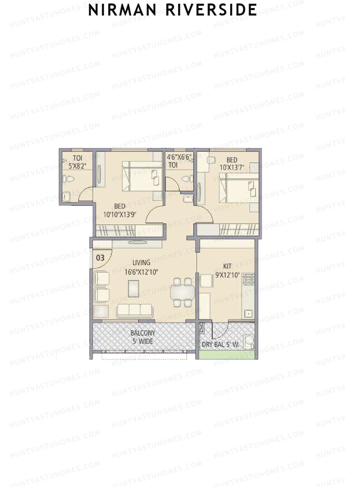 Nirman Riverside, Tower 1, Unit 3, 2BHK, Carpet Area 889   sq ft 