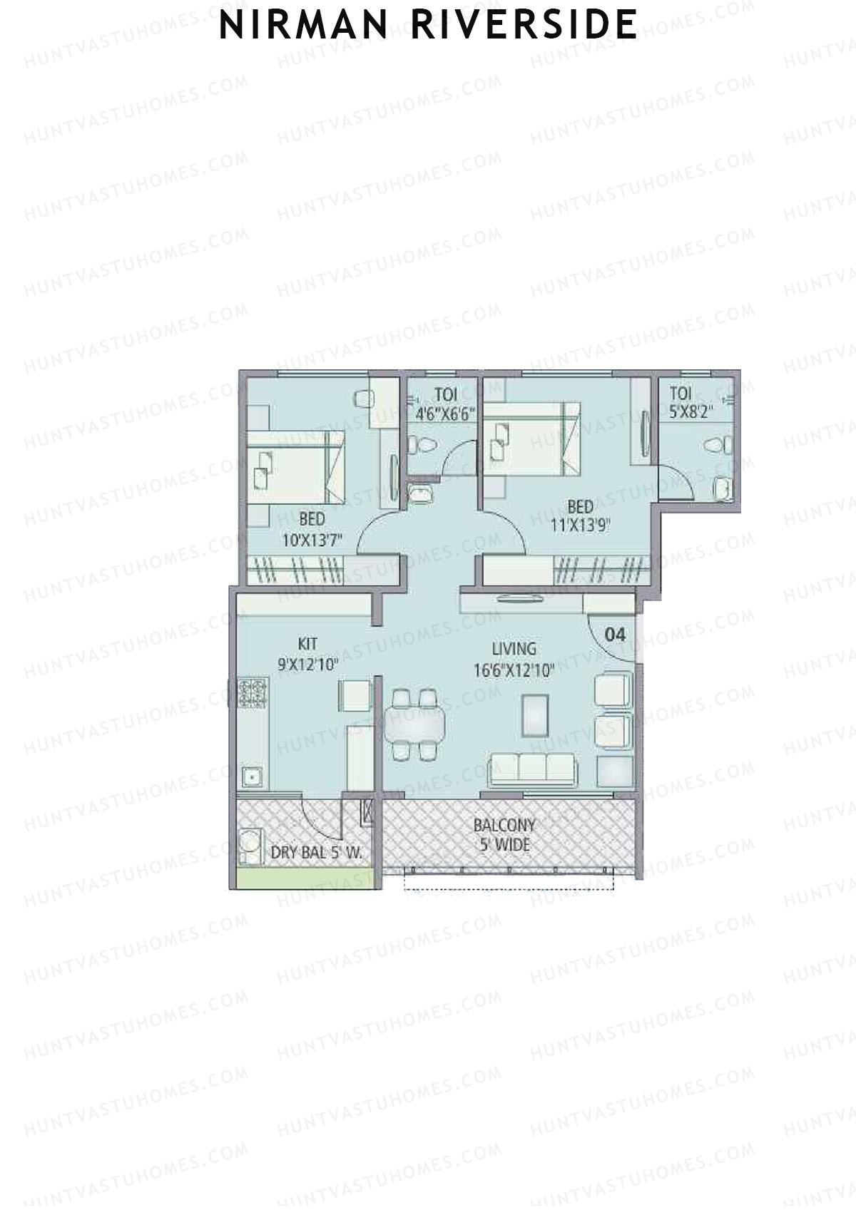 Nirman Riverside, Tower 1, Unit 4, 2BHK, Carpet Area 885   sq ft 
