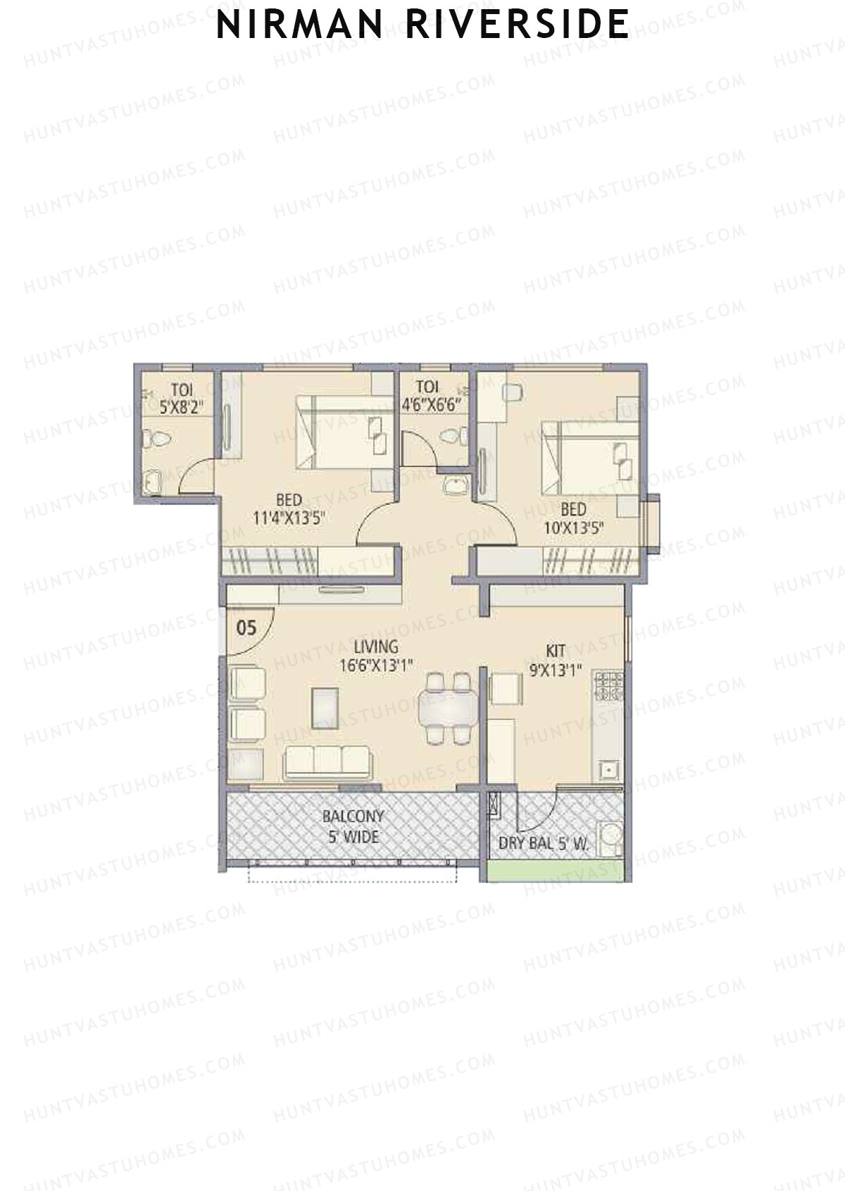 Nirman Riverside, Tower 1, Unit 5, 2BHK, Carpet Area 897   sq ft 