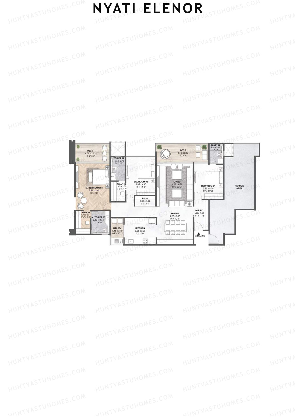 Nyati Elenor, Tower A, Unit 1, 3BHK, Carpet Area 1911   sq ft 