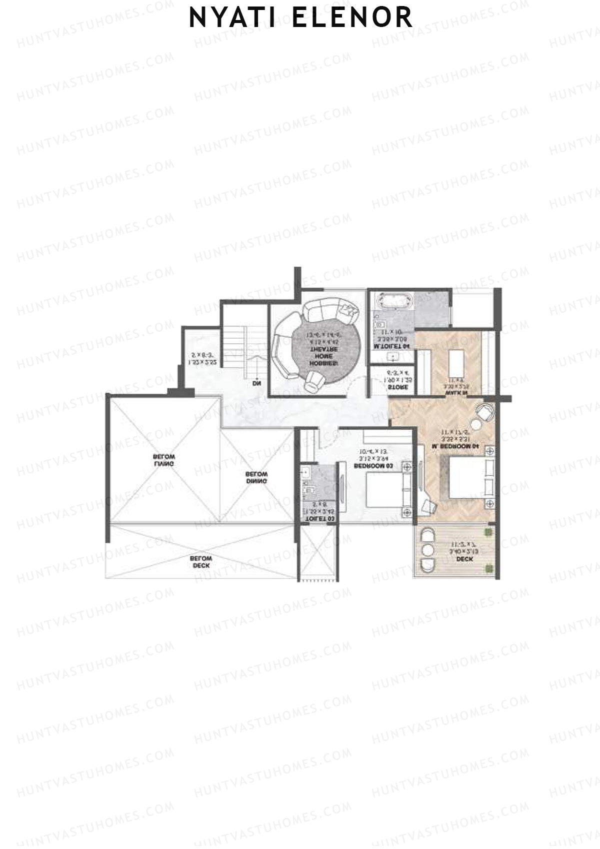 Nyati Elenor, Tower A, Unit 3 (Type DU), 4BHK, Carpet Area 2980   sq ft 