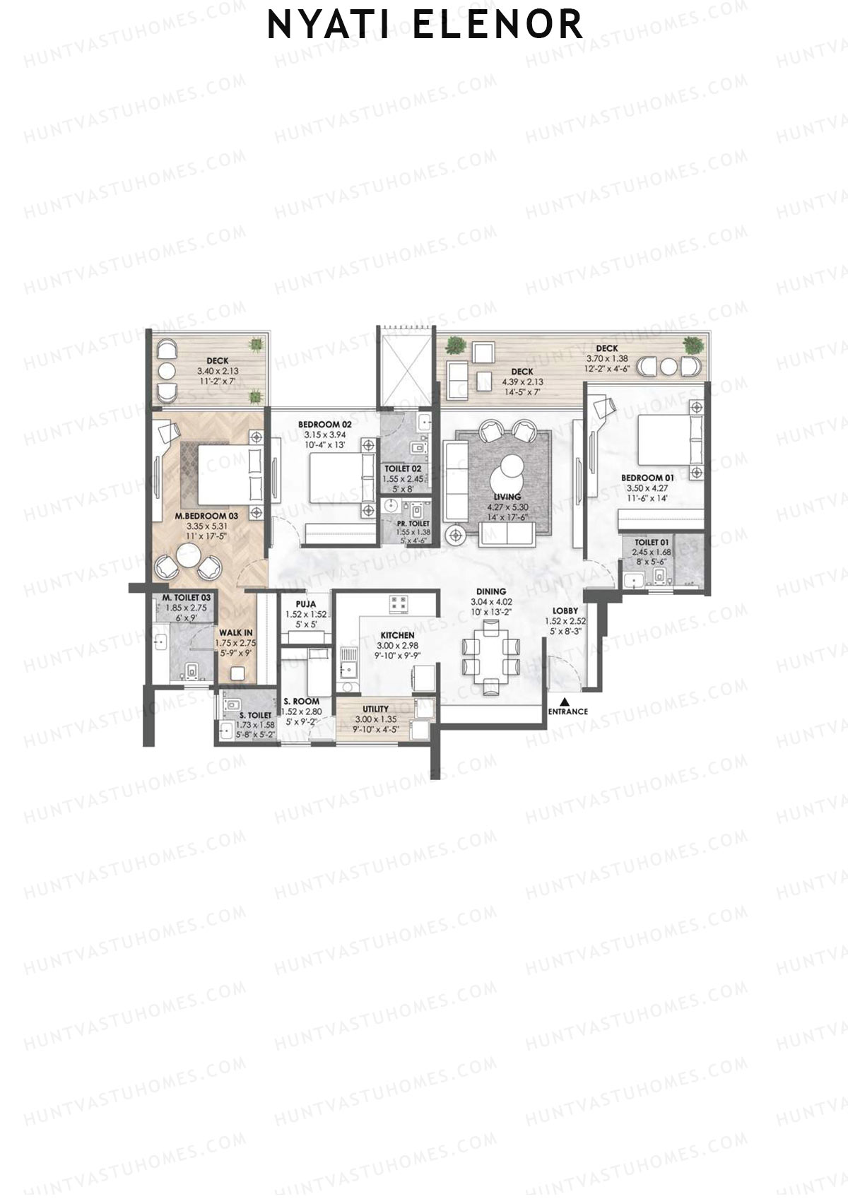 Nyati Elenor, Tower B, Unit 1, 3BHK, Carpet Area 1798   sq ft 