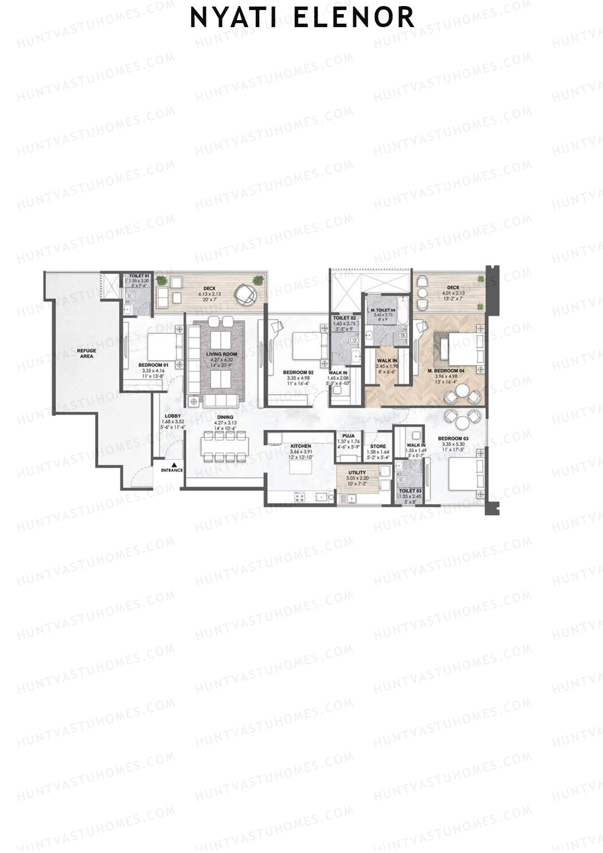 Nyati Elenor, Tower B, Unit 2, 4BHK, Carpet Area 2353   sq ft 