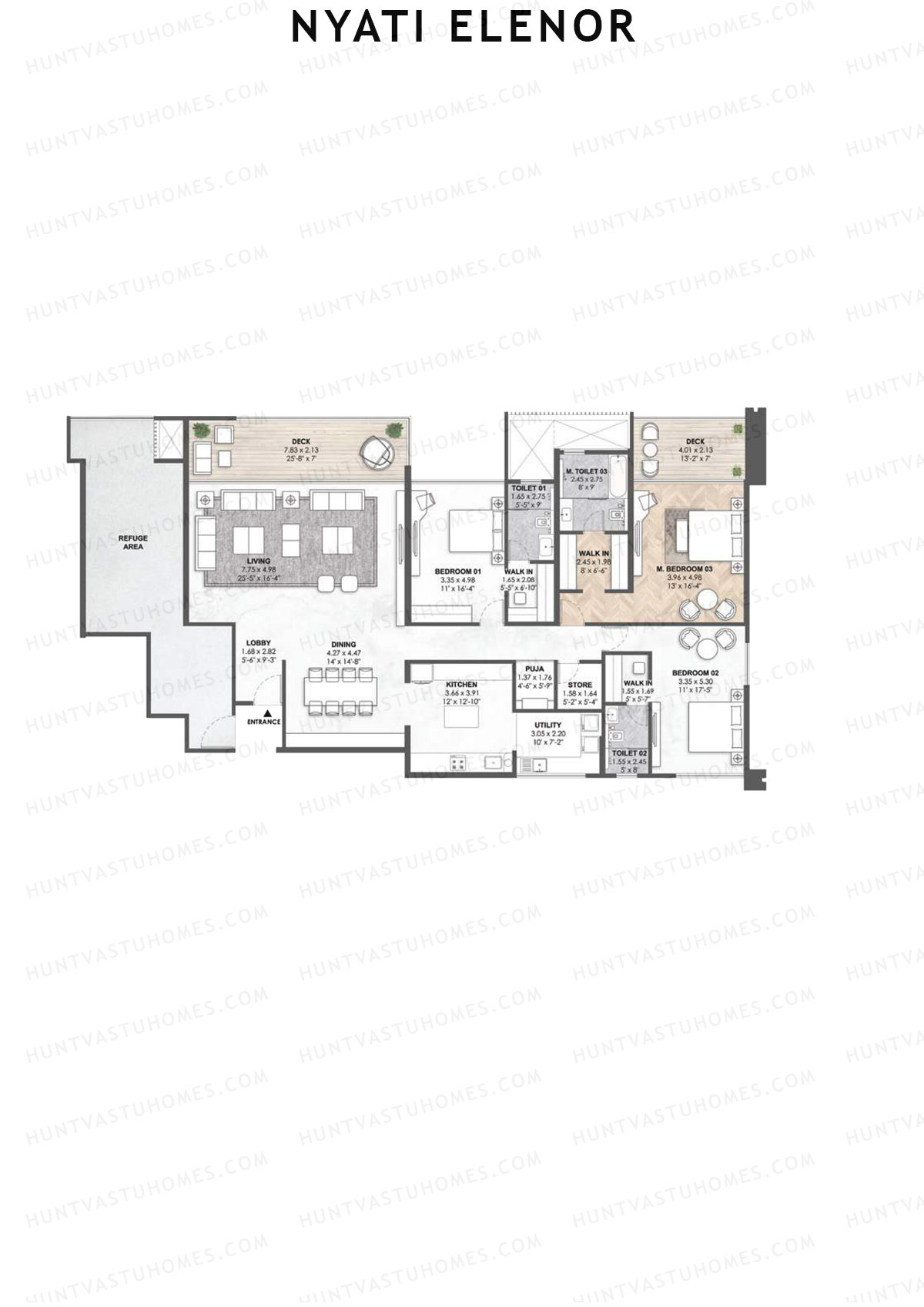 Nyati Elenor, Tower B, Unit 2, 3BHK, Carpet Area 2358   sq ft 